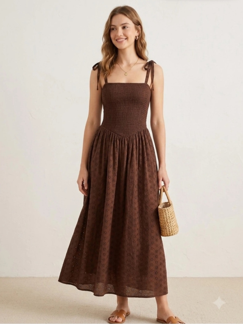 WAYF brown smocked tie shoulder eyelet maxi dress floral dress NWOT LG